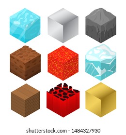 Mine Cubes Signs 3d Icon Set Isometric View Include of Gold Metal and Lava. Vector illustration of Icons