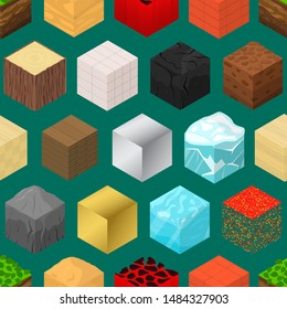 Mine Cubes Signs 3d Seamless Pattern Background Isometric View Include of Grass, Brick, Ice, Wood, Sand and Lava. Vector illustration of Icons