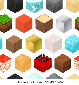 Mine Cubes Signs 3d Seamless Pattern Background on a White Isometric View Include of Grass, Brick, Ice, Wood, Sand and Lava. Vector illustration of Icons
