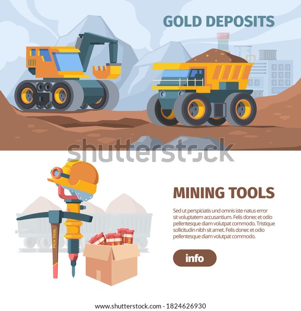 Mine development and equipment horizontal banner.\
Industrial quarrying with excavators and trucks drilling designing\
holes engineering explosives special mining equipment. Industrial\
vector.