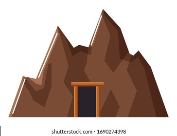 El mío con la construcción de puertas. Industrias mineras o investigaciones geológicas en canteras. Trabajos industriales para encontrar carbón y minerales, minerales pesados y oro o gemas. Icono aislado del túnel profundo, vector