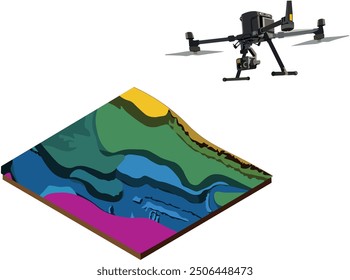 a mine elevation contour with colors. Aerial mapping using LIDAR technology. Flying professional drone and mapping of mining