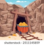 Mine entrance background. Rails to abandoned mining tunnel mountain stone cave, goldmine shaft door coal production geological tunnelling cartoon game ingenious vector illustration original artwork