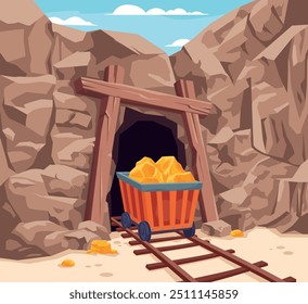 El fondo de entrada mío. Rieles al túnel de minería abandonado Cueva de piedra de montaña, puerta de eje de mina de oro Producción de carbón Juego de dibujos animados de tunelización geológica Ilustración vectorial ingeniosa Obra de arte original