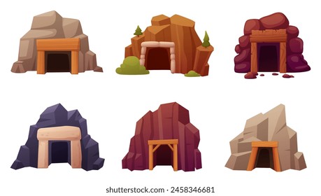 Mine entrance. Stone cave entrances with wooden arches. Cartoon abandoned tunnels, caverns in mountains and rocks. Isolated nowaday vector elements