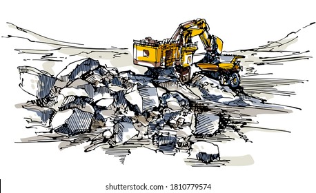 Mine excavator loads heavy truck with huge rocks at open-pit terrain