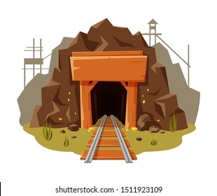 Mine gold illustration on white background with place for your text. Golden cave with wooden banner and railway in cartoon style, vector