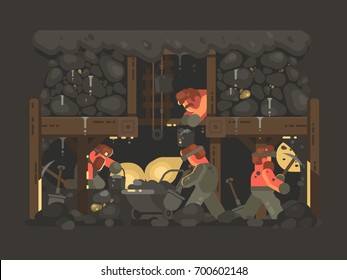 Mine for gold mining. Miners underground mined minerals. Vector illustration