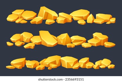 Mine gold nugget pile game treasure vector icon. Golden stone cartoon ui illustration set. Goldmine recourse border of pure yellow material collection. Polygon solid metal money straight line frame