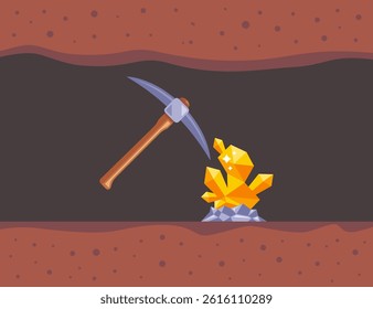 mine gold nuggets. pickaxe extracts minerals. flat illustration