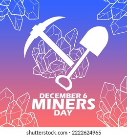 Mine hoe icon with shovel and chunks of precious stones with bold text on gradient background to celebrate Miners Day on December 6