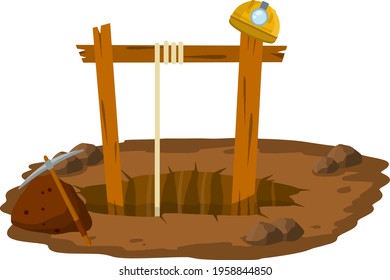 Mine. Hole in ground, rocks, pickaxe, miner's helmet. Extraction of minerals. Industrial concept. Old lifting mechanism