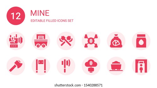 mine icon set. Collection of 12 filled mine icons included Rock, Mining, Axe, Coal, Metal detector
