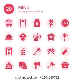 mine icon set. Collection of 20 filled mine icons included Coal, Metal detector, Axe, Tnt, Mining, Rock, Dynamite, Minerals