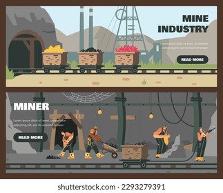 Mine industry advertising web banners set, flat vector illustration. Professional miners working in tunnels extracting minerals. Wheelbarrows on railway with coal and chalk.