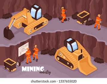 Mine industry background with characters of workers in uniform open mine scenery with excavators and text vector illustration