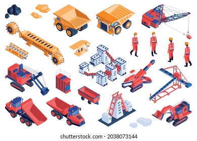 Mine industry ore crushing extraction equipment transportation machinery processing facility miners big colorful isometric set vector illustration