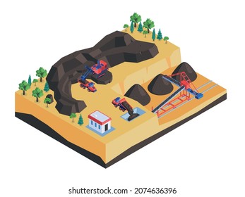 Mine industry surface mining isometric composition with waste rocks trucks excavator removing ores minerals stacker vector illustration