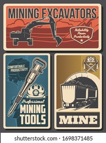 Mine Industry Vector Design Of Coal Mining Equipment And Miner Tools. Hard Hat, Pickaxes, Excavator And Pneumatic Coal Hammer, Helmet, Headlamp, Mine Trolley With Black Mineral Rocks Or Iron Stones