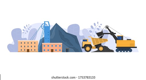 Mine industry vector illustration. Cartoon flat urban landscape with mining factory building for industrial process of coal extraction, machinery for transportation, mining business isolated on white background