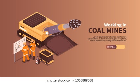 Mine isometric banner composition with slider more button editable text and human characters of coal miners vector illustration