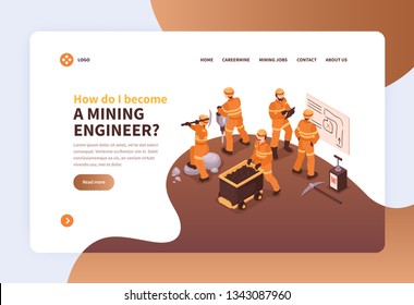 Mine landing web page design concept with images of mine workers in uniform and clickable links vector illustration