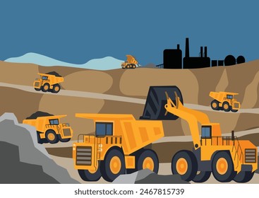 Mine landscape. Coal mining location with heavy equipment vechicles. Heavy machinery loading activity