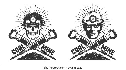 Mine logo with a miner head and jackhammers - retro style. Skull in a hardhat.