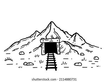 Mine in mountains. Entrance to old tunnel. Mining of gold and minerals. Outline cartoon illustration