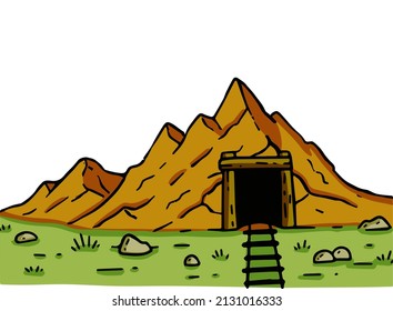 Mine in mountains. Entrance to old tunnel. Mining of gold and minerals. Outline cartoon illustration