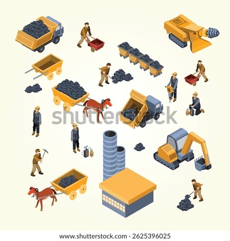 Mine quarry workers and machines isometric vector uniform transportation control gravel hardhat exploitation fossil stone 3d