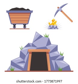 Mine in the rock for mining. pickaxe hits the stone. wooden trolley with coal. Flat vector illustration isolated on white background.
