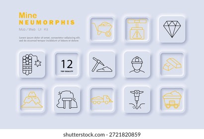 Ícone do conjunto de minas. Diamante, picareta, ouro, trabalhador, dinamite, carrinho, caverna, broca, caminhão, minerais, rocha, equipamentos de carril e elementos de escavação