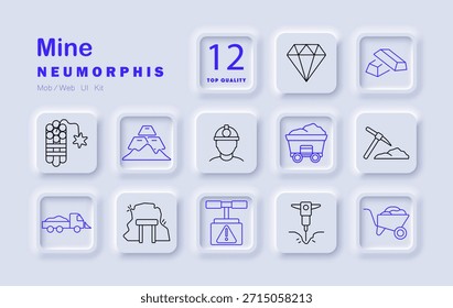 Mine set icon. Dynamite, diamond, miner, cart, gold bars, drill, warning, tunnel, pickaxe, mountain, wheelbarrow, truck extraction of minerals using tools, transport, labor, safety gear.