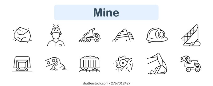 Mine set icon. Rock stone, miner helmet, dump truck, mountain, safety helmet, conveyor belt, tunnel entrance, drilling arm, ore wagon, cutting saw, excavator, hauling truck. Industry visuals