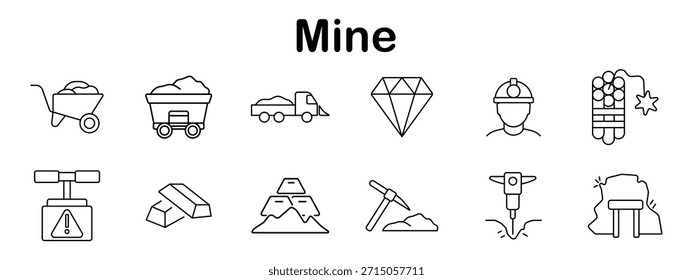 Ícone do conjunto de minas. Carrinho de rodas, carrinho de mineração, caminhão de despejo, diamante, mineiro, dinamite, válvula de pressão, barra de ouro, picareta, britadeira, túnel mostrado em estilo de contorno simples.