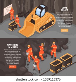 Mine set of two horizontal banners with more button editable text and images of mining machinery vector illustration