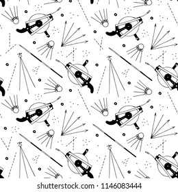 Mine tools, measuring instruments. Devices, equipment for geodetic works, topography, inspection. Geodetic survey engineering. Seamless pattern in vector.
