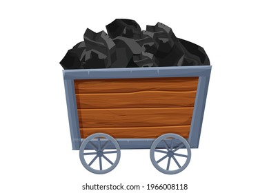Mine trolley, cart with coal vector illustration isolated on white background in cartoon style. Retro, underground transportation. Ui game asset.