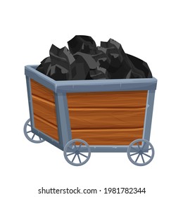 Mine trolley, cart with coal vector illustration isolated on white background in cartoon style. Retro, underground transportation. Ui game asset.
