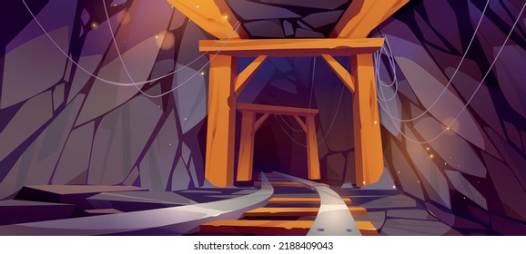 Mine tunnel inside view, cave with railway, rocks, stone shaft with wooden planks and arched beam construction. Cartoon game background, abandoned coal or gold mining quarry, 2d Vector illustration