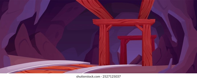 Vista interior del túnel de la mina, cueva con ferrocarril, rocas, túnel de eje de piedra con construcción de tablones de madera. Fondo subterráneo del juego de dibujos animados. Ilustración vectorial de cantera minera abandonada