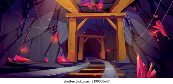 Mine Tunnel, Underground Shaft With Ruby Deposit. Vector Cartoon Illustration Of Mining Cave With Wooden Frame, Red Mineral Crystals And Rails Inside Mountain