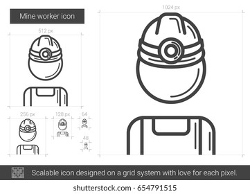 Mine worker vector line icon isolated on white background. Mine worker line icon for infographic, website or app. Scalable icon designed on a grid system.