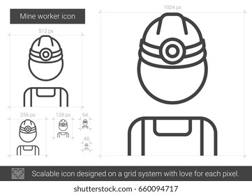 Mine worker vector line icon isolated on white background. Mine worker line icon for infographic, website or app. Scalable icon designed on a grid system.