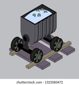 Minecart on rails with coins and charcoal. Block chain crypto currency mining. Tunnel underground truck industry equipment of miners. Symbol of income or abandon. Monochrome isometric 3D art