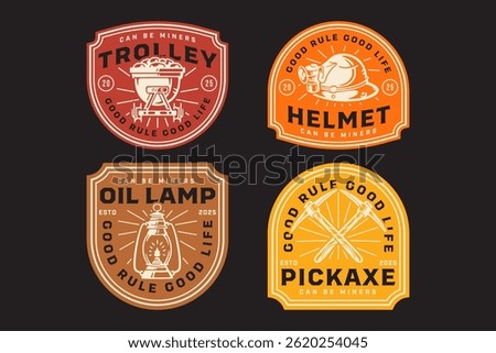 minecart with stock, trolley vehicle, old safety helmet with lamp, oil gas lantern, railroad pickaxe mining tool retro badge logo vector design collection set for miner, engineer, industry, adventure