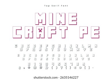 Minecraft PE font in the Hibiscus color, trendy simple alphabet, bold letters and numbers made in mosaic style, vector illustration