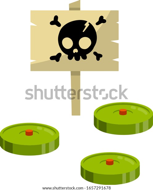 Minefield. Green mines. Danger warning sign\
with skull. Hostility. Bomb and weapons. Concept of threat and\
risk. Cartoon flat\
illustration