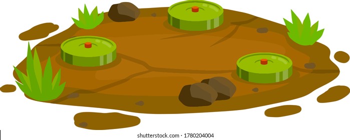 Minefield. Conjunto de minas terrestres. Rocas y pasto. Elemento explosivo de la guerra. Dibujo plano de caricatura. El césped verde con bombas. El paisaje de la guerra moderna